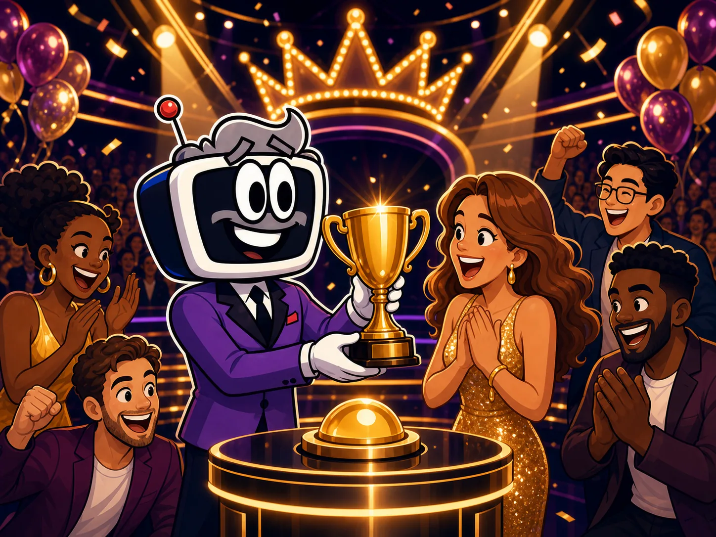 Illustrated game-show host presenting a trophy to a celebrating team