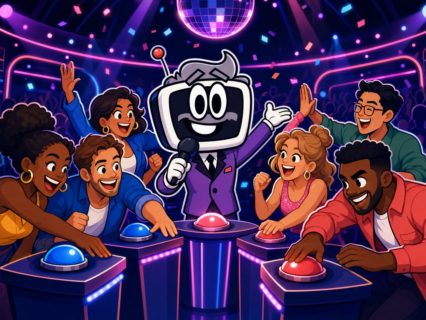 A lively group laughing and playing party-style game show challenges under purple lights