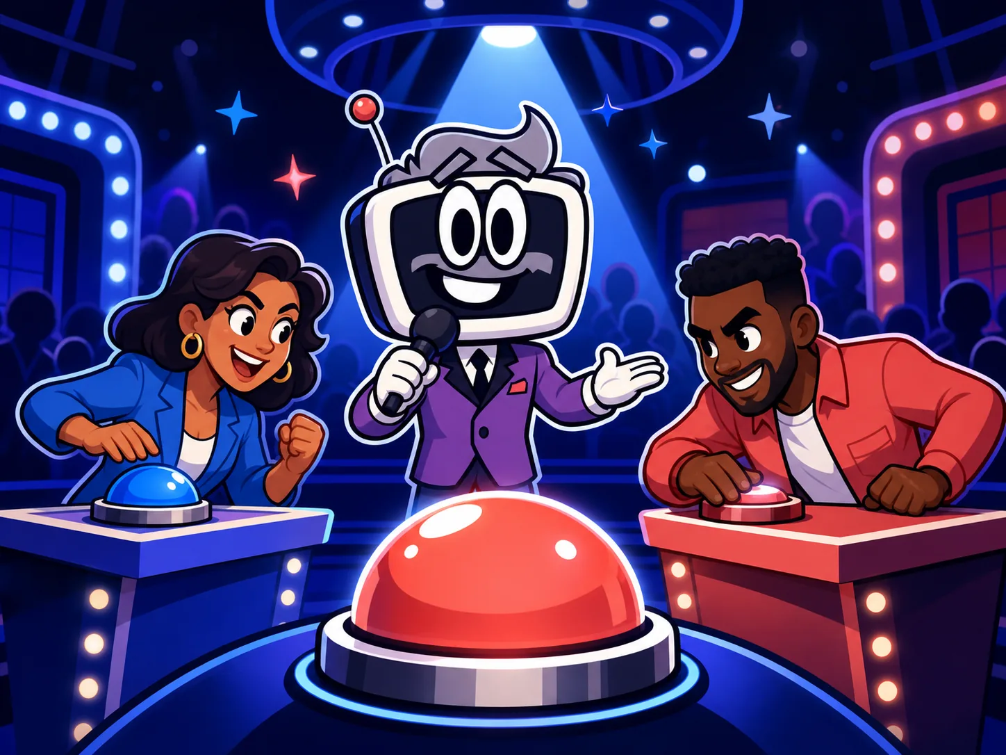 A live host leading two teams in a fast-paced buzzer challenge under blue studio lights