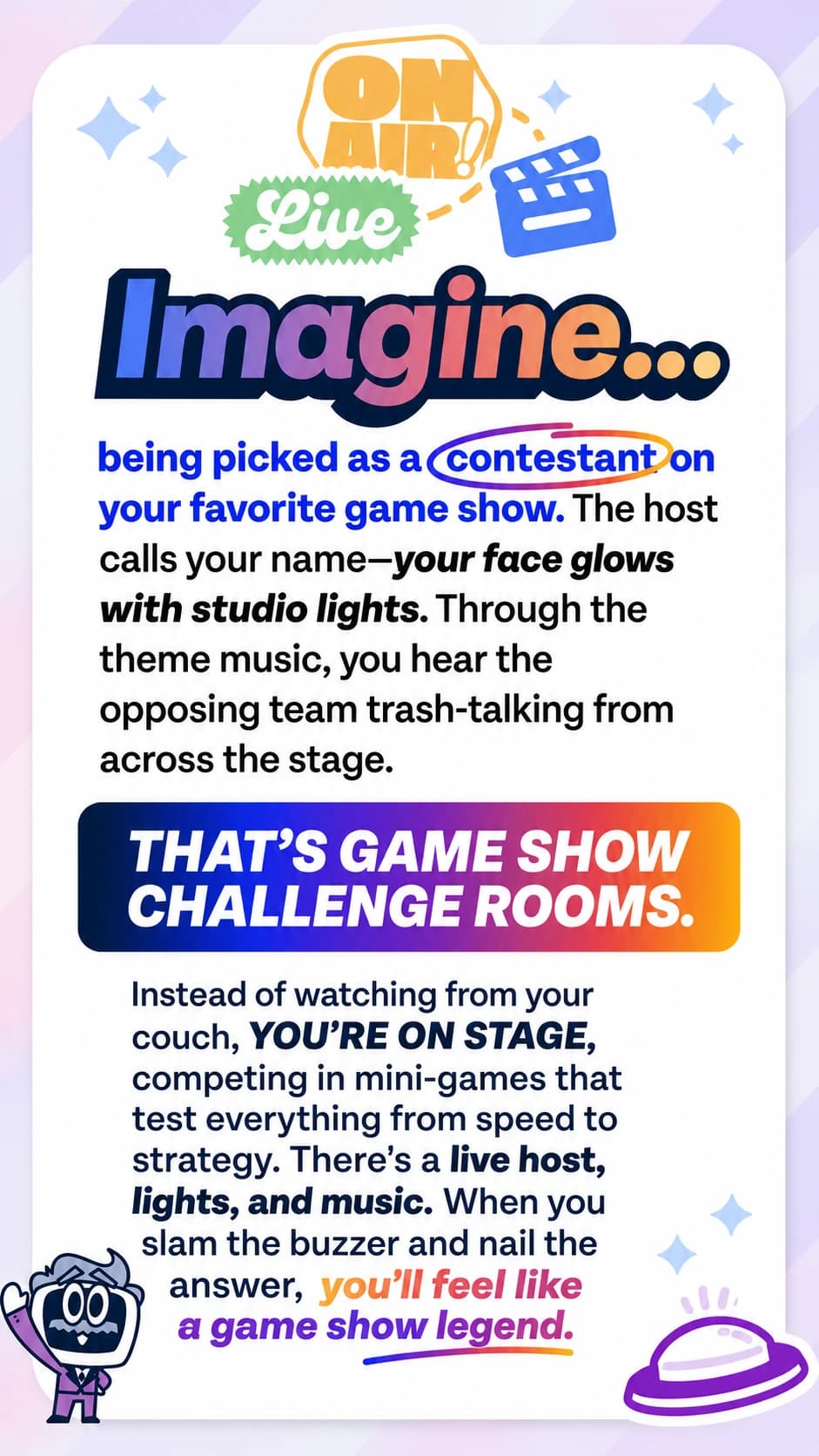 How a Game Show Challenge Rooms session works in Hyderabad: two teams, three hosted rounds of trivia, puzzle, speed and physical challenges, and one champion team